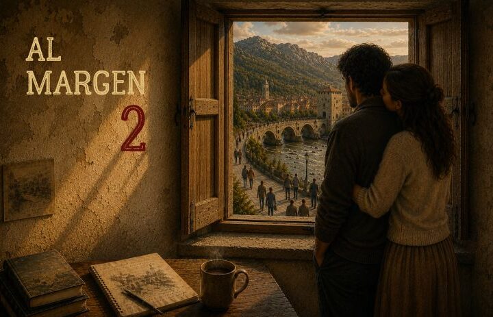 Un hombre y una mujer contemplan un pueblo montañoso desde una ventana abierta en una habitación austera. Cabecera de "Al margen 2", un relato existencialista sobre amor, despedida, contemplación, pérdida y búsqueda de sentido.