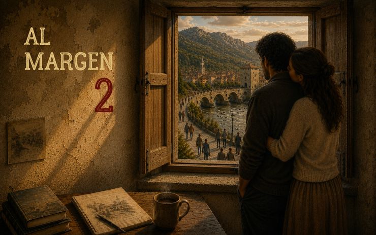 Un hombre y una mujer contemplan un pueblo montañoso desde una ventana abierta en una habitación austera. Cabecera de "Al margen 2", un relato existencialista sobre amor, despedida, contemplación, pérdida y búsqueda de sentido.