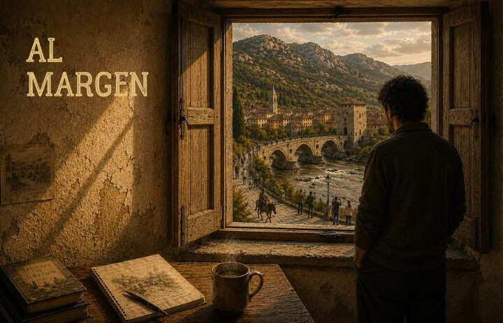 Hombre contempla un pueblo montañoso desde la ventana de una habitación austera junto a un cuaderno y una taza. Cabecera de "Al margen", un relato existencialista sobre soledad, alienación, contemplación y búsqueda de sentido.