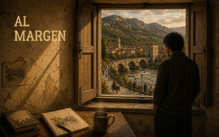 Hombre contempla un pueblo montañoso desde la ventana de una habitación austera junto a un cuaderno y una taza. Cabecera de "Al margen", un relato existencialista sobre soledad, alienación, contemplación y búsqueda de sentido.