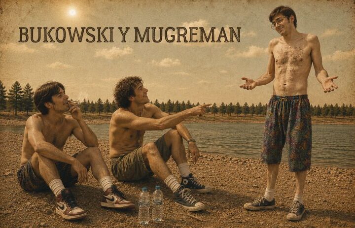 Tres jóvenes inadaptados conversan junto a un embalse durante un verano sofocante. Cabecera de "Bukowski y Mugreman", un relato de realismo sucio sobre amistad, marginalidad, humor negro e inadaptación social.