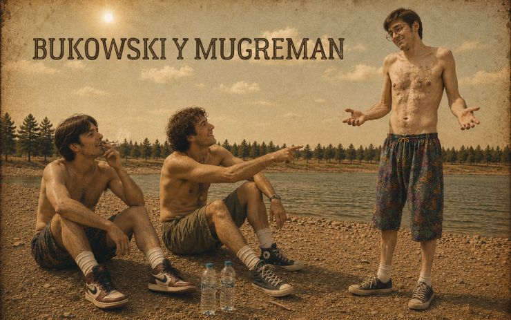 Tres jóvenes inadaptados conversan junto a un embalse durante un verano sofocante. Cabecera de "Bukowski y Mugreman", un relato de realismo sucio sobre amistad, marginalidad, humor negro e inadaptación social.