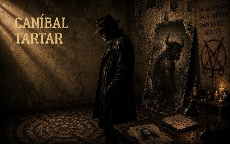 Detective solitario vestido con gabardina contempla un escenario dominado por símbolos ocultistas y la figura de un monstruo mientras investiga un crimen ritual. Cabecera de "Caníbal Tartar", un relato policíaco hard-boiled con investigación criminal, terror psicológico, novela negra y misterio sobrenatural.