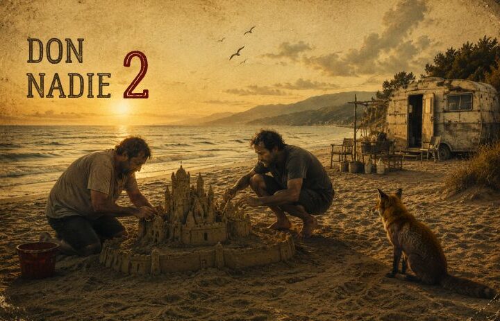 Dos hombres construyen un castillo de arena en una playa al atardecer mientras un zorro los observa junto a una vieja caravana. Cabecera de "Don Nadie 2", un relato sobre miedo, identidad, amistad, reconstrucción y redención.