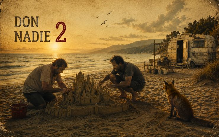 Dos hombres construyen un castillo de arena en una playa al atardecer mientras un zorro los observa junto a una vieja caravana. Cabecera de "Don Nadie 2", un relato sobre miedo, identidad, amistad, reconstrucción y redención.