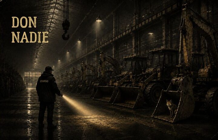 Un vigilante recorre una nave industrial oscura iluminando el suelo con una linterna mientras un perro permanece oculto entre la maquinaria. Cabecera de "Don Nadie", un relato sobre fracaso, exclusión, dignidad y redención personal.