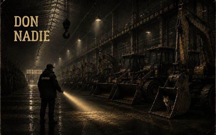 Un vigilante recorre una nave industrial oscura iluminando el suelo con una linterna mientras un perro permanece oculto entre la maquinaria. Cabecera de "Don Nadie", un relato sobre fracaso, exclusión, dignidad y redención personal.