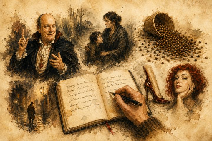 Mano escribiendo en un cuaderno rodeado por cuatro escenas literarias con personajes, objetos y paisajes de distintos relatos