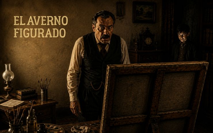 Escena del relato corto de terror «El averno figurado». Don Miguel contempla horrorizado un cuadro mientras Miguelito sonríe desde un rincón sombrío de la estancia.