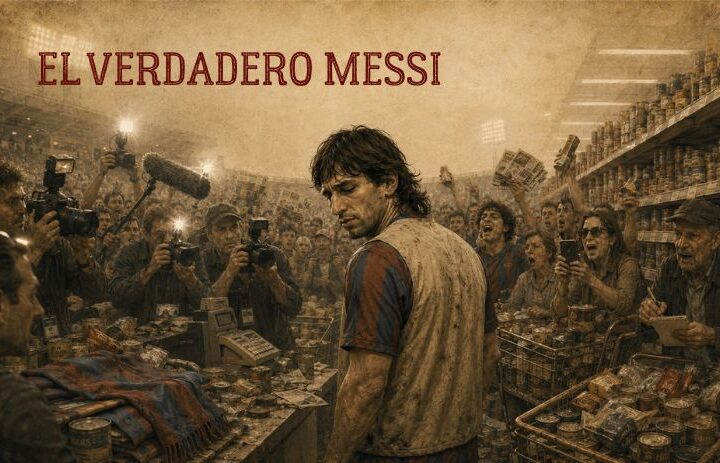 Futbolista caricaturesco rodeado de periodistas y aficionados en un supermercado abarrotado. Cabecera de "El verdadero Messi", una parodia surrealista sobre el culto al fútbol, la fama, el consumismo y los ídolos deportivos.