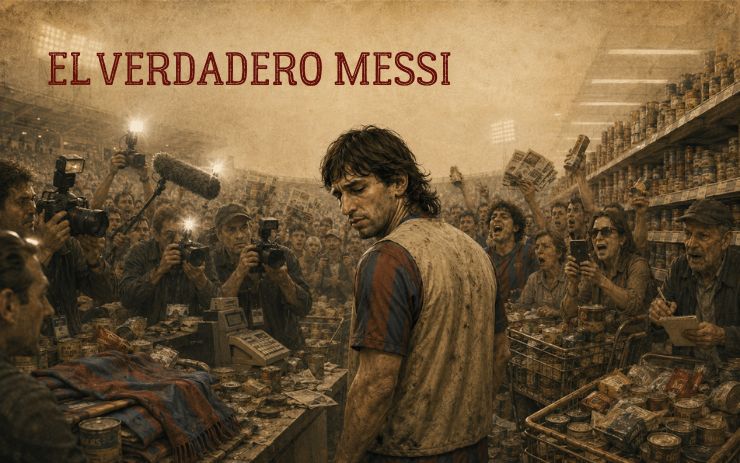 Futbolista caricaturesco rodeado de periodistas y aficionados en un supermercado abarrotado. Cabecera de "El verdadero Messi", una parodia surrealista sobre el culto al fútbol, la fama, el consumismo y los ídolos deportivos.