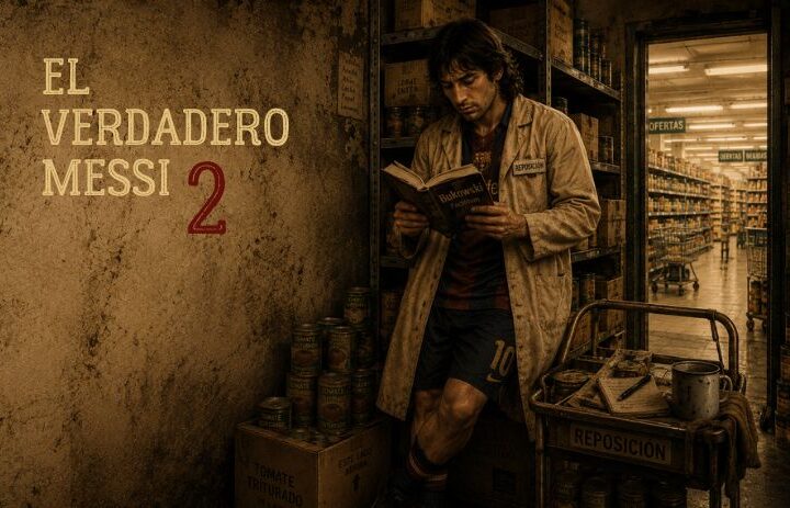 Futbolista caricaturesco vestido con bata de reponedor lee un libro en el almacén de un supermercado. Cabecera de "El verdadero Messi 2", una parodia surrealista sobre fama, identidad, trabajo, fútbol y cultura de masas.