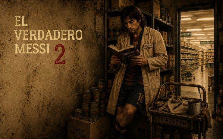 Futbolista caricaturesco vestido con bata de reponedor lee un libro en el almacén de un supermercado. Cabecera de "El verdadero Messi 2", una parodia surrealista sobre fama, identidad, trabajo, fútbol y cultura de masas.