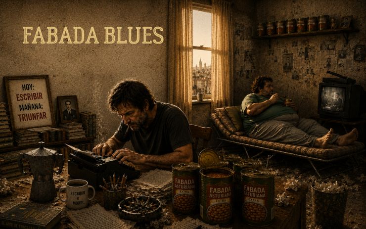 Ilustración de un aspirante a escritor escribiendo en una máquina de escribir mientras convive con su hermano obeso en un piso caótico. Cabecera de "Fabada Blues", un relato corto de humor negro sobre el fracaso editorial, la vocación literaria y las relaciones familiares.