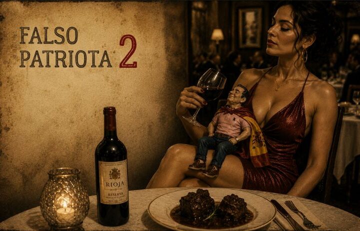 Mujer elegante sostiene una copa de vino mientras un diminuto falso patriota descansa sobre sus piernas durante una cena de lujo. Cabecera de "Falso patriota 2", un relato satírico sobre corrupción política, patriotismo de fachada, hipocresía, poder y crítica social.