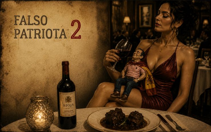 Mujer elegante sostiene una copa de vino mientras un diminuto falso patriota descansa sobre sus piernas durante una cena de lujo. Cabecera de "Falso patriota 2", un relato satírico sobre corrupción política, patriotismo de fachada, hipocresía, poder y crítica social.