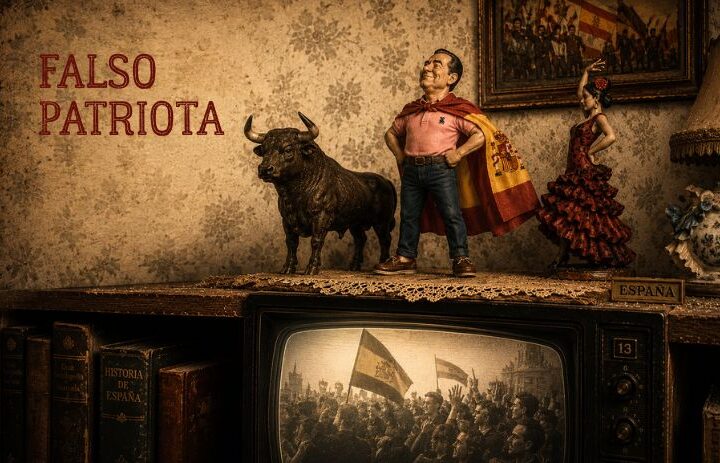 Figura caricaturesca envuelta en una bandera posa junto a un toro y una bailaora sobre un televisor antiguo. Cabecera de "Falso patriota", un relato satírico sobre patriotismo, nacionalismo, corrupción política, hipocresía y crítica social.