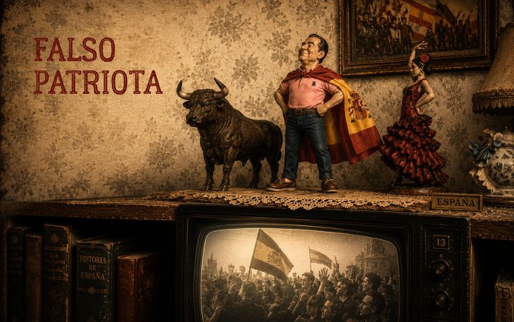 Figura caricaturesca envuelta en una bandera posa junto a un toro y una bailaora sobre un televisor antiguo. Cabecera de "Falso patriota", un relato satírico sobre patriotismo, nacionalismo, corrupción política, hipocresía y crítica social.