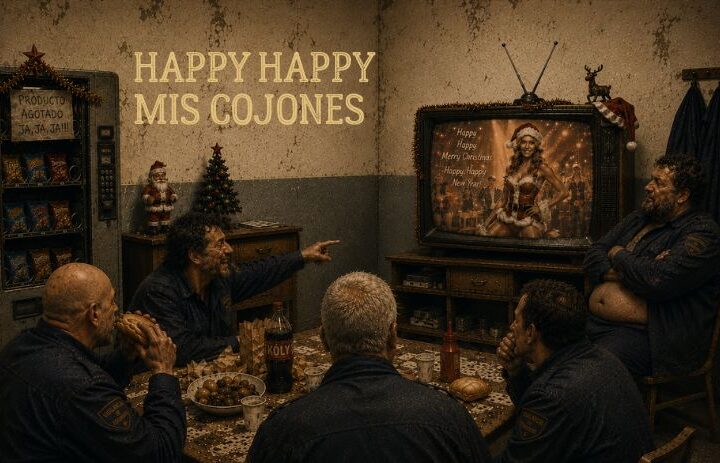 Ilustración de varios vigilantes de seguridad reunidos durante una comida navideña mientras observan una televisión con un programa festivo. Cabecera de "Happy happy mis cojones", un cuento de Navidad satírico sobre cinismo, trabajo, consumismo y humor negro.