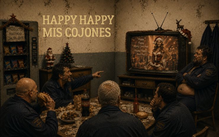 Ilustración de varios vigilantes de seguridad reunidos durante una comida navideña mientras observan una televisión con un programa festivo. Cabecera de "Happy happy mis cojones", un cuento de Navidad satírico sobre cinismo, trabajo, consumismo y humor negro.