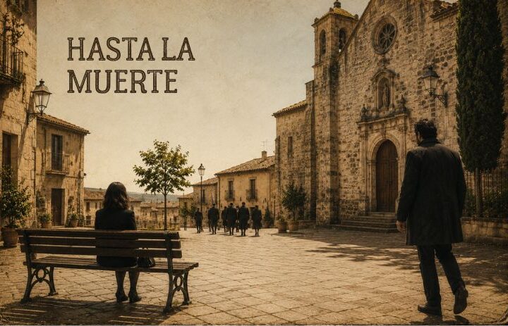 Una mujer permanece sentada en un banco de una plaza mientras un hombre se acerca junto a una iglesia de piedra. Cabecera de "Hasta la muerte", un relato sobre duelo, pérdida, maternidad y consuelo.