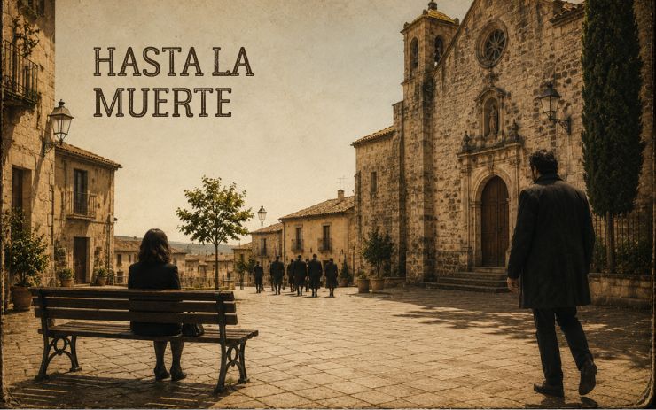 Una mujer permanece sentada en un banco de una plaza mientras un hombre se acerca junto a una iglesia de piedra. Cabecera de "Hasta la muerte", un relato sobre duelo, pérdida, maternidad y consuelo.