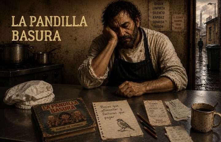 Cocinero agotado descansa frente a facturas, notas y un viejo álbum mientras la cocina permanece en silencio. Cabecera de "La Pandilla Basura", un relato sobre inadaptación, precariedad laboral, agotamiento y renuncia.