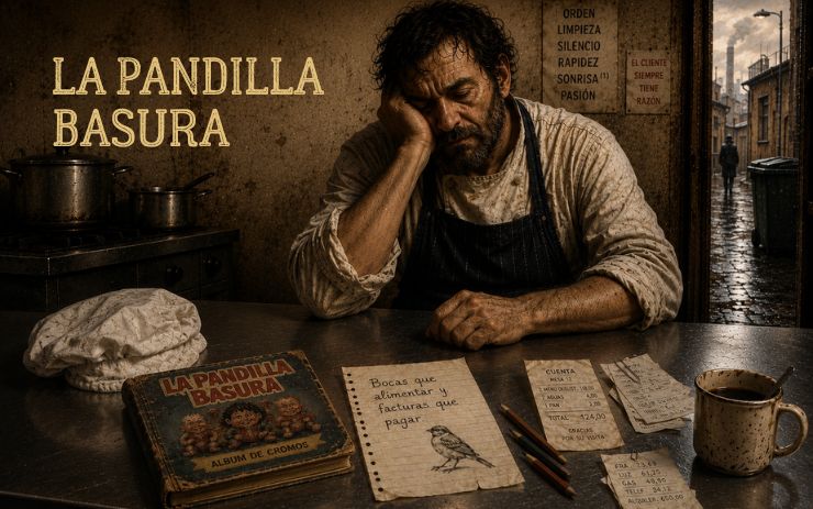Cocinero agotado descansa frente a facturas, notas y un viejo álbum mientras la cocina permanece en silencio. Cabecera de "La Pandilla Basura", un relato sobre inadaptación, precariedad laboral, agotamiento y renuncia.
