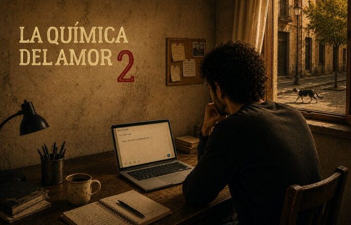 Hombre sentado ante un portátil contempla una ventana mientras escribe en una habitación silenciosa. Cabecera de "La química del amor 2", un relato sobre reencuentro, deseo, inseguridad y segundas oportunidades.