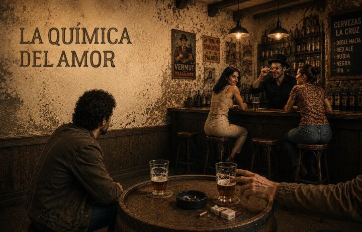 Hombre observa desde una mesa de bar a una mujer que le devuelve la mirada mientras conversa con otras personas. Cabecera de "La química del amor", un relato sobre atracción, timidez, deseo y segundas oportunidades.