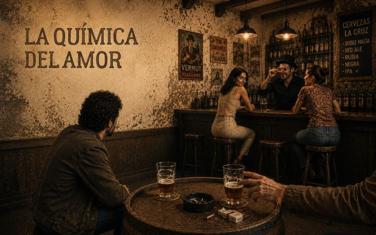 Hombre observa desde una mesa de bar a una mujer que le devuelve la mirada mientras conversa con otras personas. Cabecera de "La química del amor", un relato sobre atracción, timidez, deseo y segundas oportunidades.