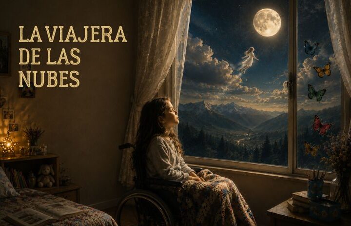 Una niña en silla de ruedas contempla la luna desde la ventana de su habitación mientras una figura luminosa flota entre las nubes. Cabecera de "La viajera de las nubes", un relato sobre la vida, la muerte, la esperanza y la imaginación.