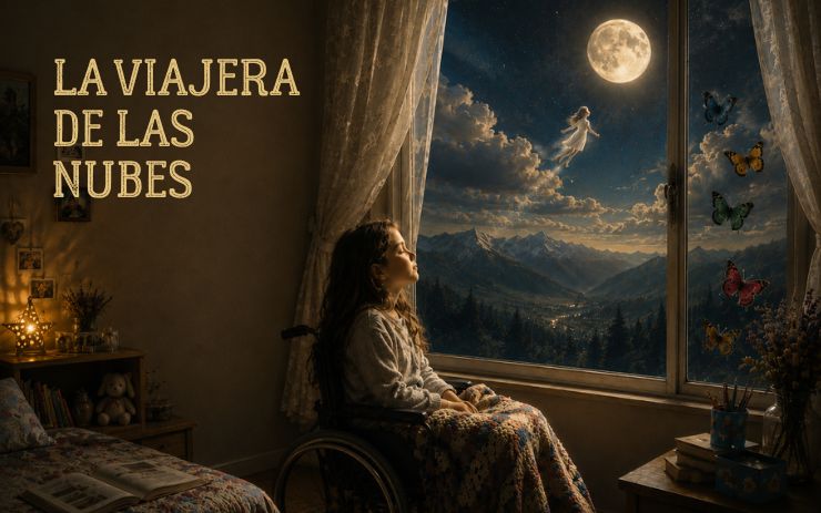 Una niña en silla de ruedas contempla la luna desde la ventana de su habitación mientras una figura luminosa flota entre las nubes. Cabecera de "La viajera de las nubes", un relato sobre la vida, la muerte, la esperanza y la imaginación.