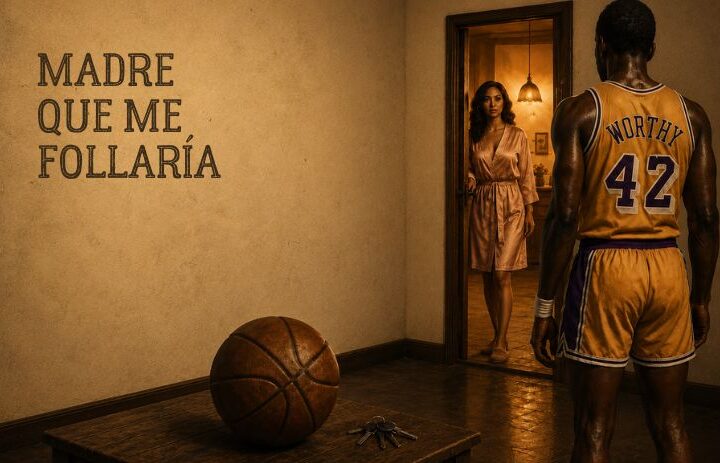 Ilustración de un jugador de baloncesto frente a una mujer en bata dentro de una casa, con un balón sobre la mesa y una atmósfera de deseo prohibido. Cabecera de "Madre que me follaría", un relato sobre deseo, culpa, vergüenza y tensión sexual.