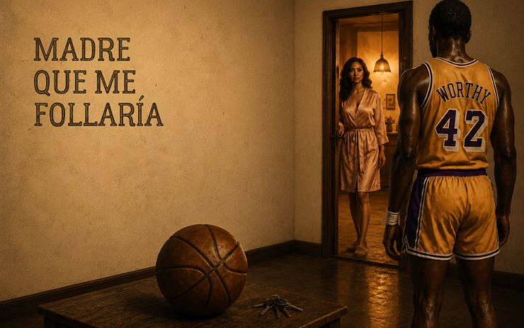 Ilustración de un jugador de baloncesto frente a una mujer en bata dentro de una casa, con un balón sobre la mesa y una atmósfera de deseo prohibido. Cabecera de "Madre que me follaría", un relato sobre deseo, culpa, vergüenza y tensión sexual.
