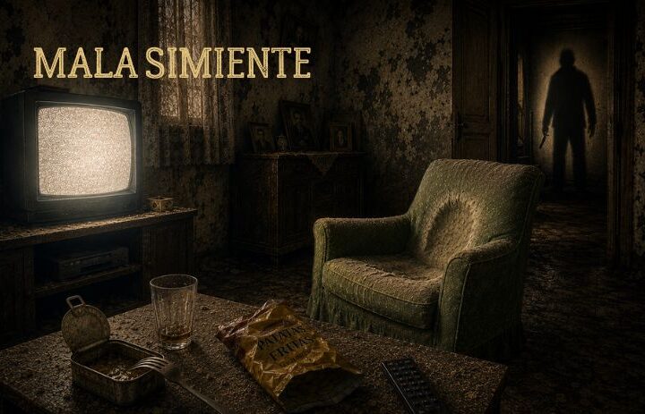 Salón oscuro con un televisor encendido, un sillón vacío y la silueta amenazante de un hombre armado al fondo. Cabecera de "Mala simiente", un relato de terror psicológico sobre traumas familiares, violencia doméstica, miedo y herencia del mal.