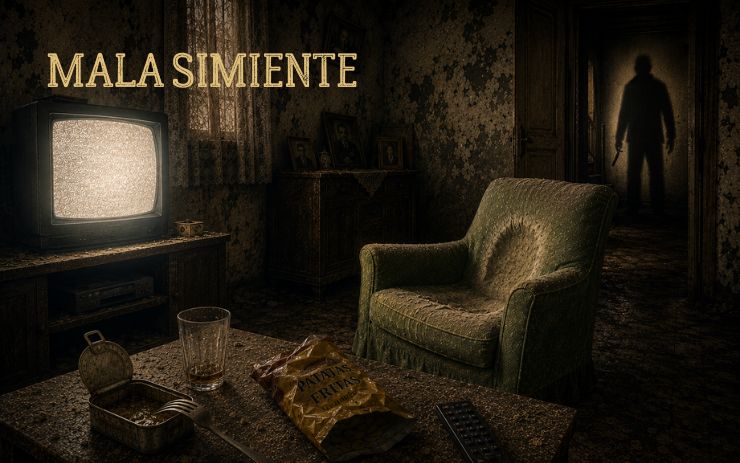 Salón oscuro con un televisor encendido, un sillón vacío y la silueta amenazante de un hombre armado al fondo. Cabecera de "Mala simiente", un relato de terror psicológico sobre traumas familiares, violencia doméstica, miedo y herencia del mal.