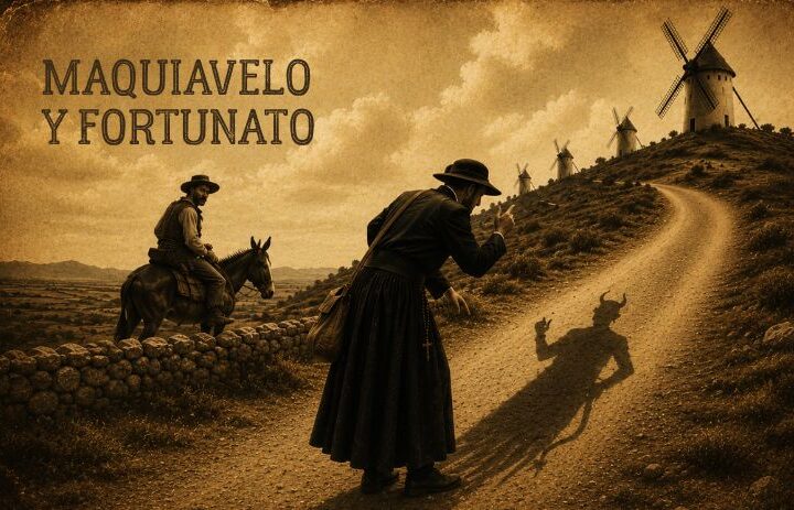 Un viajero vestido de negro señala el camino mientras su sombra adopta forma demoníaca y un jinete observa junto a varios molinos. Cabecera de "Maquiavelo y Fortunato", un relato de ciencia ficción literaria, sátira y metaficción inspirado en Don Quijote.
