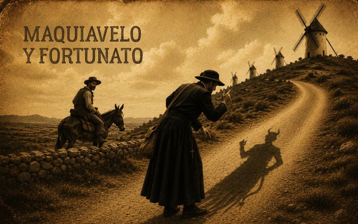 Un viajero vestido de negro señala el camino mientras su sombra adopta forma demoníaca y un jinete observa junto a varios molinos. Cabecera de "Maquiavelo y Fortunato", un relato de ciencia ficción literaria, sátira y metaficción inspirado en Don Quijote.