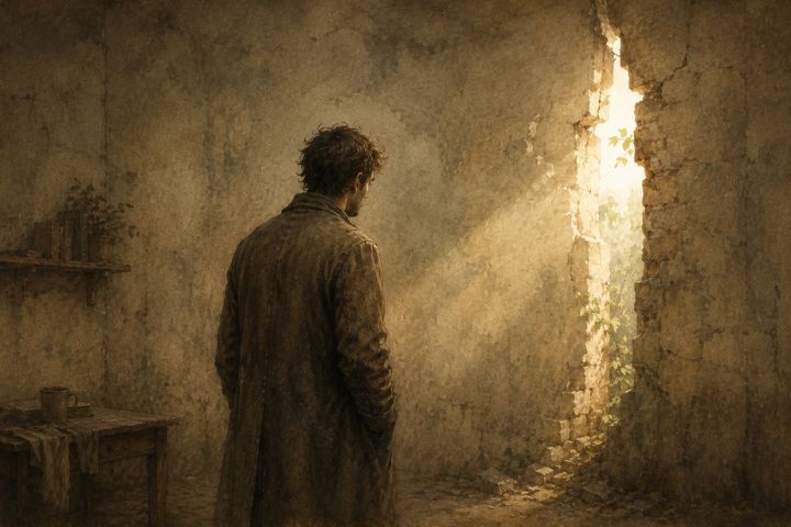 Hombre solitario contempla una grieta luminosa en la pared de una habitación deteriorada y casi vacía.