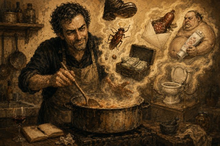 Escritor convertido en cocinero remueve una olla de la que surgen una cucaracha con halo, un chorizo electoral y un maletín.