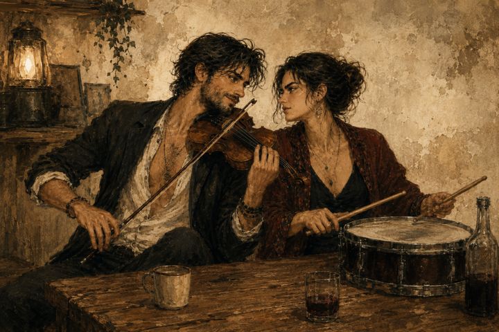 Pareja bohemia se mira con tensión mientras él toca el violín y ella sostiene las baquetas junto a un tambor y una botella