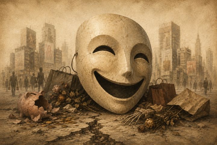 Gran máscara sonriente entre edificios y restos de consumo, con una hucha rota, monedas, bolsas y flores marchitas.