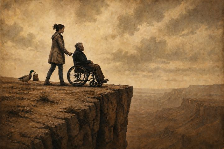 Mujer empujando a un anciano en silla de ruedas hacia un precipicio, seguida por un ánade real que lleva un bolso en el pico.