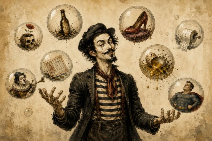 Malabarista de aire bohemio rodeado por esferas con objetos y personajes absurdos, entre ellos un zapato, un héroe y una cerveza.