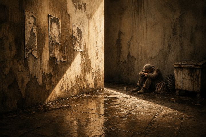 Hombre sentado junto a un contenedor en un callejón deteriorado, apartado de la franja de luz que atraviesa el suelo.
