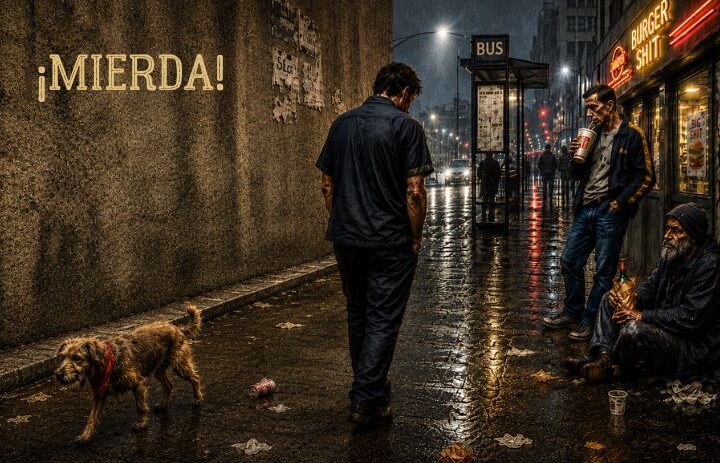 Hombre camina cabizbajo por una calle nocturna mientras un vagabundo y un perro sobreviven entre la lluvia y la suciedad urbana. Cabecera de "¡Mierda!", un relato de realismo sucio sobre precariedad laboral, exclusión social, pobreza urbana y supervivencia cotidiana.