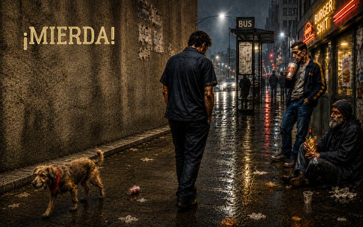 Hombre camina cabizbajo por una calle nocturna mientras un vagabundo y un perro sobreviven entre la lluvia y la suciedad urbana. Cabecera de "¡Mierda!", un relato de realismo sucio sobre precariedad laboral, exclusión social, pobreza urbana y supervivencia cotidiana.