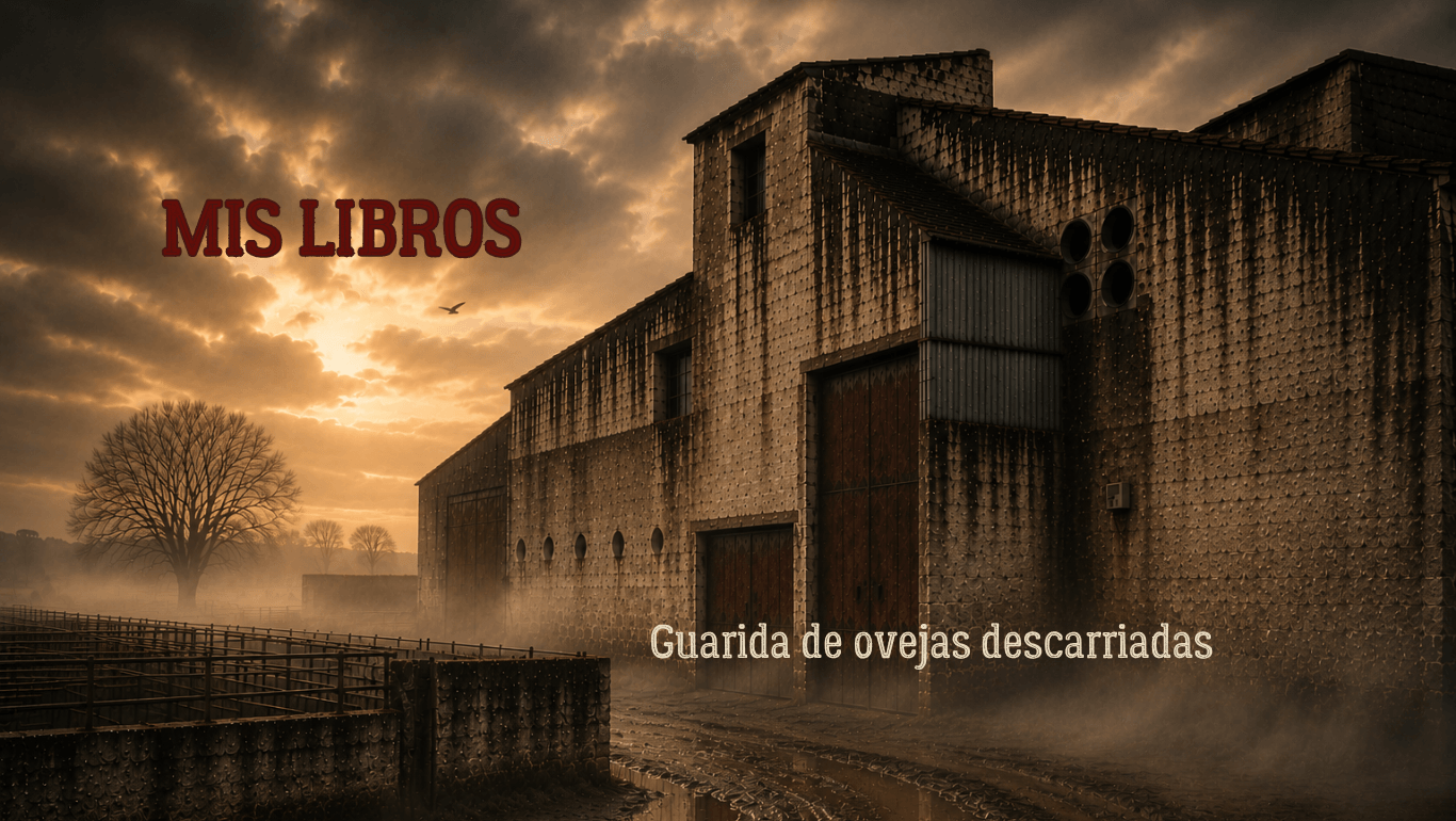 Gran nave rural bajo un cielo tormentoso y brumoso, presentada como guarida de ovejas descarriadas