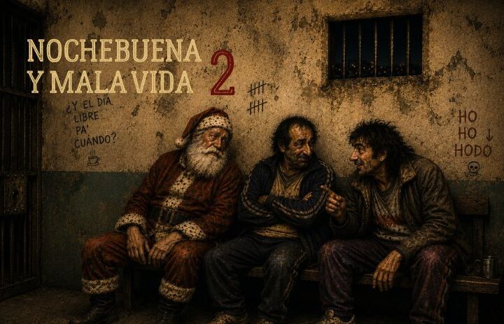 Papá Noel conversa con dos hombres marginados en un banco de un barrio degradado durante la Nochebuena. Cabecera de "Nochebuena y mala vida 2", un relato navideño sobre marginalidad, humor negro, pobreza, amistad y crítica social.